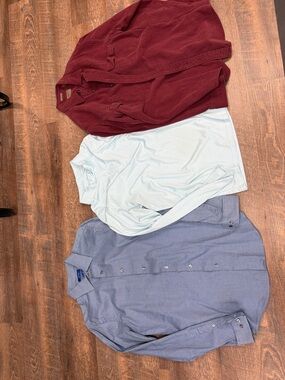 Three Casual Button-Up & Polo Shirts - Burgundy, Light Blue, Blue